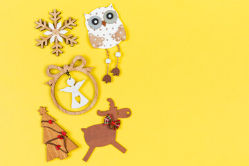 Top view of Christmas decorations on colorful background. New Year composition concept with empty space for your design