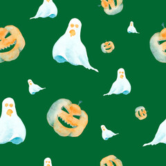 Seamless pattern with pumpkins and ghosts. Watercolor Halloween pattern on a green background