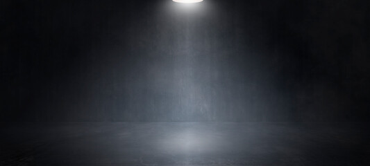 Dark and gray abstract cement wall and studio room with smoke float up white spotlight used as a...