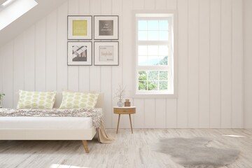 White stylish minimalist bedroom. Scandinavian interior design. 3D illustration