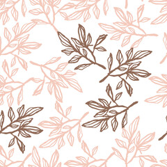 Fototapeta premium Seamless random pattern with dark and lilac outline branch ornament. Contoured botanic print isolated on white background.