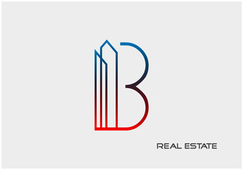 Gradient red blue colour lining B letter real estate logo design, vector illustration