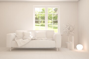 Stylish room in white color with sofa and green landscape in window. Scandinavian interior design. 3D illustration