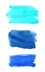 Blue watercolor spots. Set of colorful wet brush painted stains isolated on white background