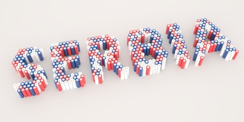 SERBIA text made with many batteries. Electrical technologies related 3d rendering