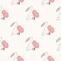 Pale hand drawn seamless poppy flowers pattern. Pink botanic silhouettes on white dotted background.