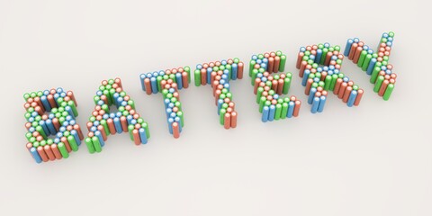 BATTERY text made with many batteries. Electrical technologies related 3d rendering