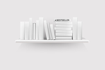 Bestseller mockup with cover stand on shelf in library or store.Realistic book volumes with empty spines stand in row at rack hang on wall.
