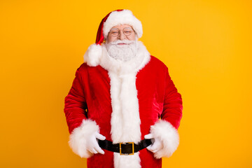 Photo of santa claus enjoy magic miracle fairy dream x-mas party celebration wear red costume isolated over bright shine color background