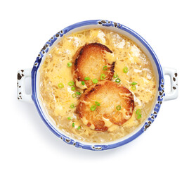 Tasty homemade french onion soup isolated on white, top view
