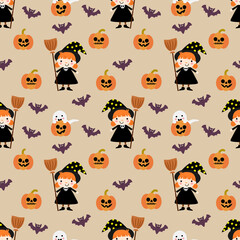 Cute Halloween pumpkin and witch seamless pattern