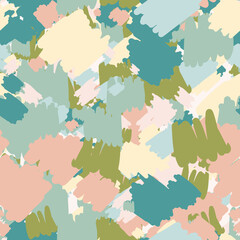 Abstract spots seamless pattern. Stylized creative shapes in pink, blue and green pastel tones. Scribble backdrop.