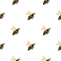 Isolated seamless pattern with bee stylized silhouettes. Yellow and black colored wasp on white background.