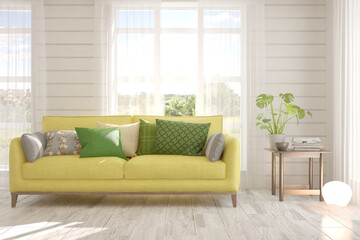 White stylish minimalist room with sofa. Scandinavian interior design. 3D illustration