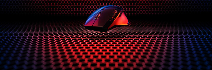 Concept design for esports cyber sports banner : professional game mouse on hexagon pattern background