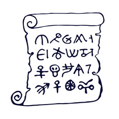 An ancient scroll with signs. Old papyrus with magical symbols. Witchcraft attributes. Vector illustration in the Doodle style. Isolated object on a white background. 