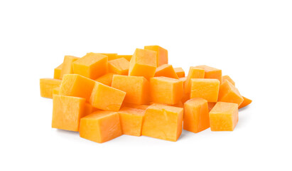 Cubes of fresh ripe carrot isolated on white