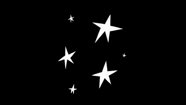 Three large and three small five-canted stars blinking on transparent background. Animated hand drawn night sky. Motion graphic with pulsing starry elements alpha channel. Breathing sketched heaven