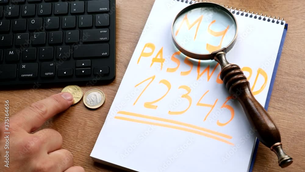 Wall mural account security concept. password on notepad. magnifier and money on the table.