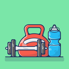 Dumbbell, Weight Scales And Bottle Vector Illustration. Set Work out,  Sports, Gym And Fitness. Flat Cartoon Style Suitable for Sticker, Wallpaper, Icon, etc.
