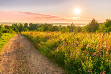 Fototapeta na wymiar Scenic view at beautiful sunrise in a far misty valley, bright crimson cloudy sky , trees and golden sun rays with glow, summer morning field landscape