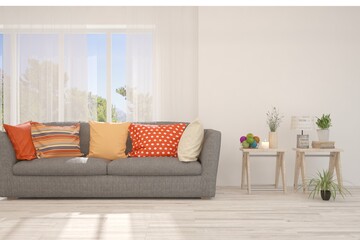 White stylish minimalist room with sofa. Scandinavian interior design. 3D illustration