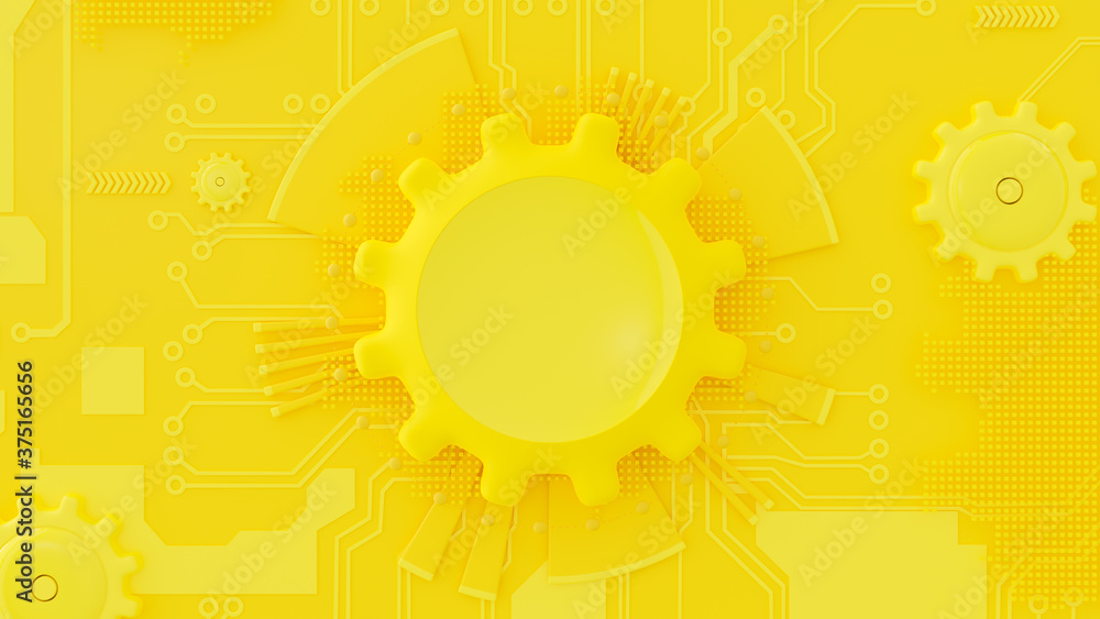 Poster Yellow abstract technology background with various  technological elements. Innovation background Gear empty for your text. 3D Render.