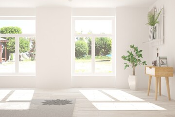Obraz premium White stylish empty room with summer landscape in window. Scandinavian interior design. 3D illustration