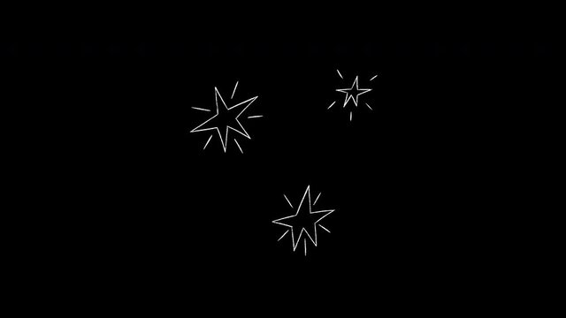 Three pentagonal stars twinkling on transparent background in motion graphic. Animated sketchy starry night. Blinking hand drawn sky objects for astronomy and astrology content. Video alpha channel
