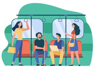 People traveling by subway or underground flat vector illustration. Cartoon sitting and standing in train of city metro. Public transport and trip concept