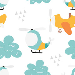 Air seamless pattern for children’s room design and kids goods. Scandinavian style. Air transport in sky – airplane, plane, helicopter on white background. Vector illustration. Pattern is cut, no clip