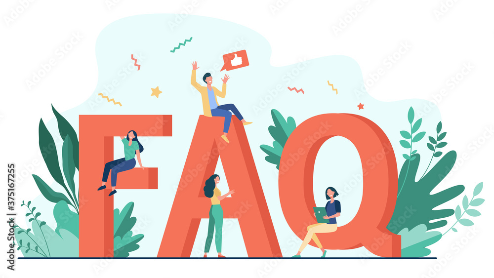 Aufkleber giant faq and tiny people flat vector illustration. cartoon users asking questions and getting help 