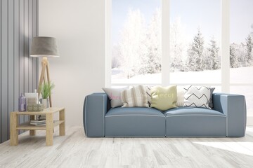 White stylish minimalist room with sofa and winter landscape in window. Scandinavian interior design. 3D illustration