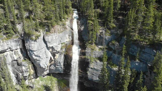 Aerial view Moving away shot, Scenic view of Waterfall on the side of Mountain surrounded with pine trees