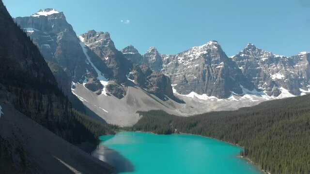 4K Aerial drone shot of Lake Moraine in Banff National Park, Alberta, Canada