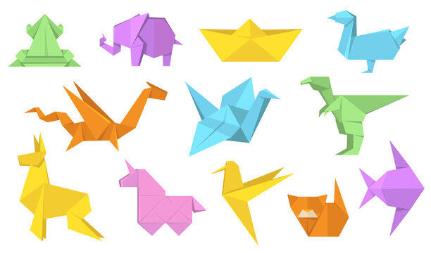 Japanese origami animals flat illustration set. Cartoon polygon paper horse, hare, bird, frog, fish and cat isolated vector illustration collection. Modern hobby and relaxation concept