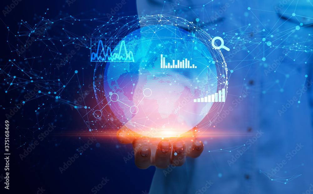 Poster global business technologies. female holding globe hologram with polygonal connections and charts