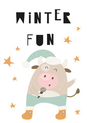 Cute Ox. Greeting card for Happy Chinese new year 2021 - funny bull with microphone. Vector illustration. Lettering Winter fun.