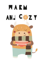 Cute Ox. Greeting card for Happy Chinese new year 2021 - funny bull with coffee or cacao cup. Vector illustration. Lettering Warm and cozy.