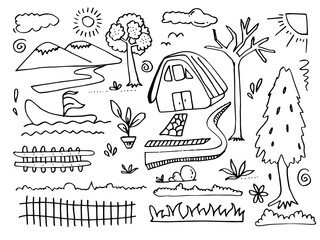 Vector illustration: Hand drawn Mountains sketch landscape with hills, pine and clouds. Line design.