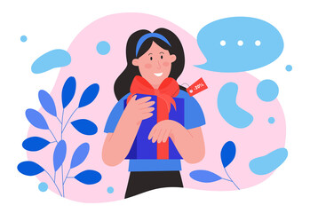 Discount shop sale vector illustration. Cartoon flat happy shopaholic woman character holding gift box, smiling lady enjoying fashion seasonal sale in store, discount coupon concept isolated on white