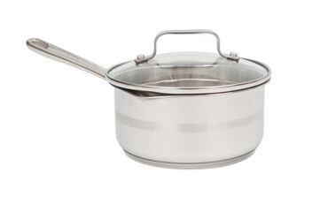 Metal saucepan with glass lid isolated on white background