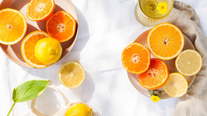 Citrus fruits such as lemon, orange, tangerine. Vitamins, food to strengthen the immune system. Copy space.