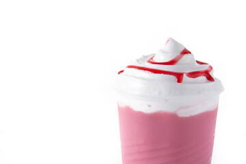 Strawberry iced milkshake isolated on white background. Copy space