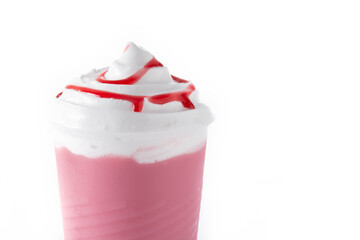 Strawberry iced milkshake isolated on white background.Copy space