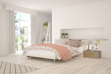 White stylish minimalist bedroom. Scandinavian interior design. 3D illustration