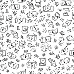 Money rain Vector Seamless pattern. Hand Drawn doodle Dollar and Euro Banknotes and Coins
