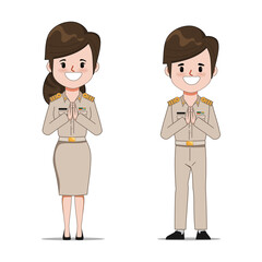 Thai teacher greeting with namaste or Thai wai. People in government job character.