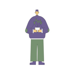 Plant lover. Man with indor flower pot. Vector
