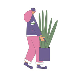 Plant lover. Man with indor flower pot. Vector